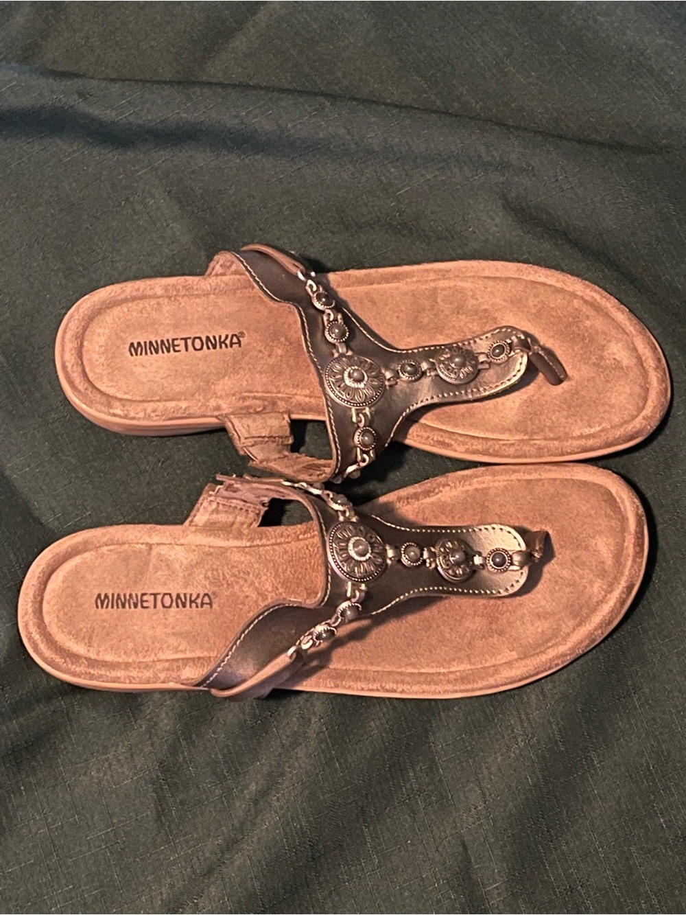Minnetonka Brown Leather Embellished T-Strap Sandals